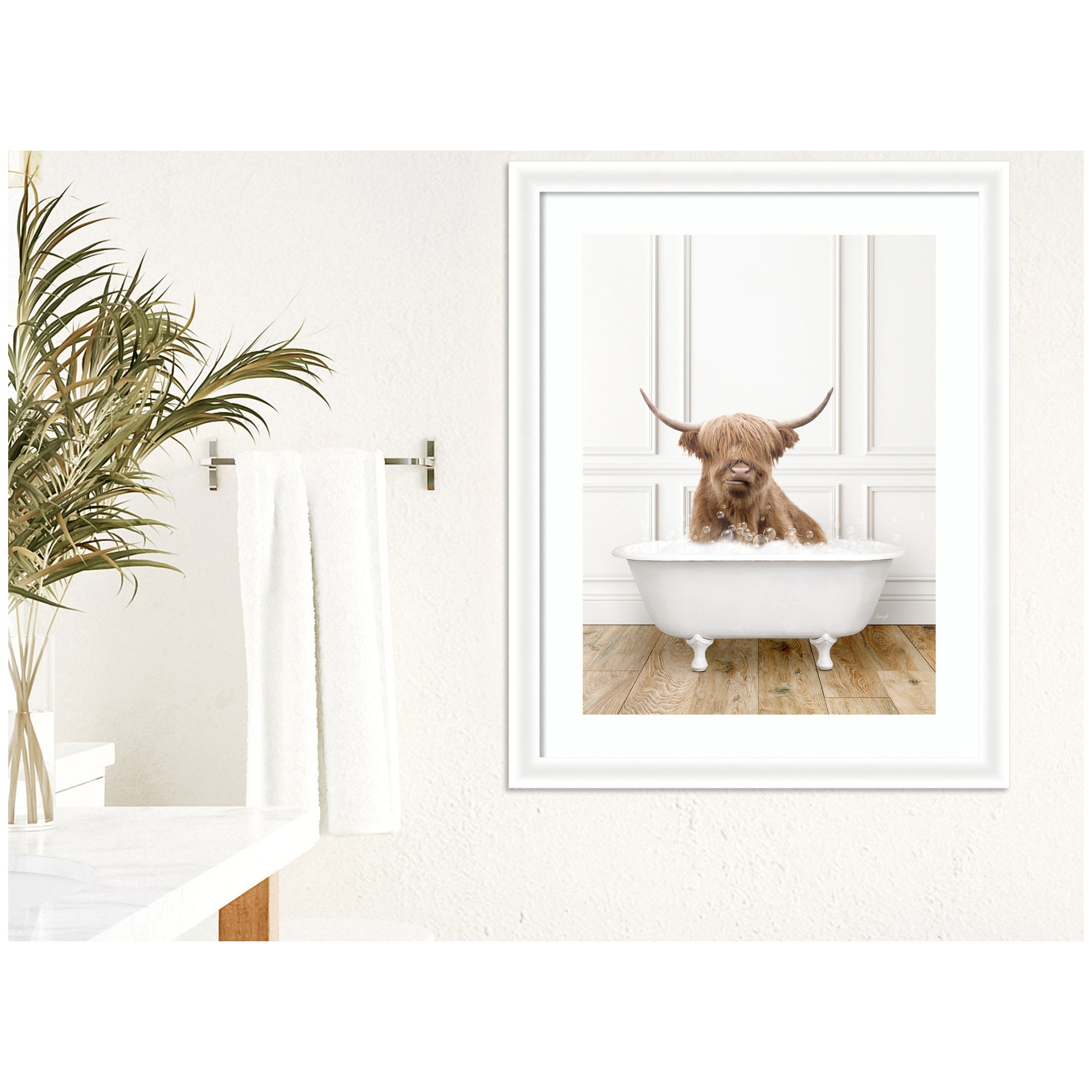 Highland Cow in Traditional Vintage Bathtub by Amy Peterson Framed Wall Art Print