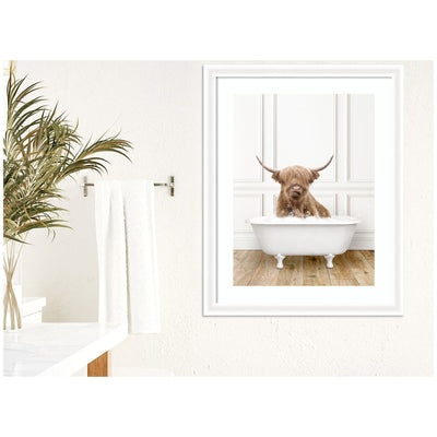 Highland Cow in Traditional Vintage Bathtub by Amy Peterson Framed Wall Art Print
