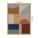 Geometric abstract art in warm browns, navy, muted green, mauve, and tan, featuring half circles and rectangles within a wooden frame, 18 by 24 inches.