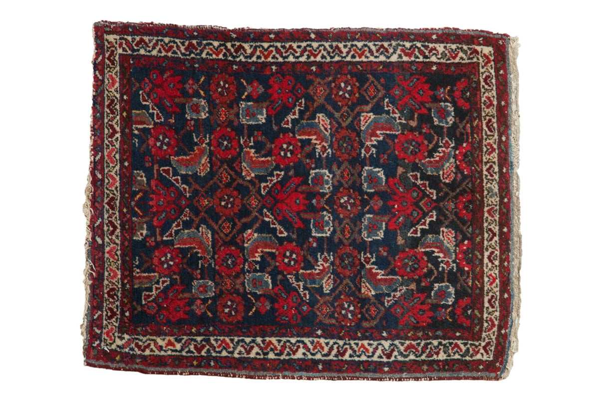 2x2.5 Vintage Hamadan Square Rug Mat with Herati motif and red, blue, ivory colors