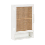 White rectangular wall cabinet with a woven rattan door panel and an open cubby shelf below, shown at an angled front view.