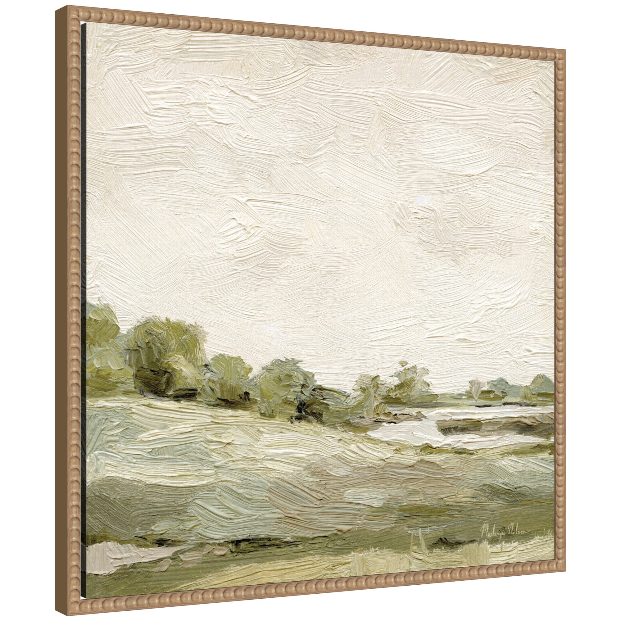 Framed canvas wall art print titled Petit View No 7 by Mackenzie Nelson, featuring soft abstract shapes in muted tones within a beaded Sylvie frame.