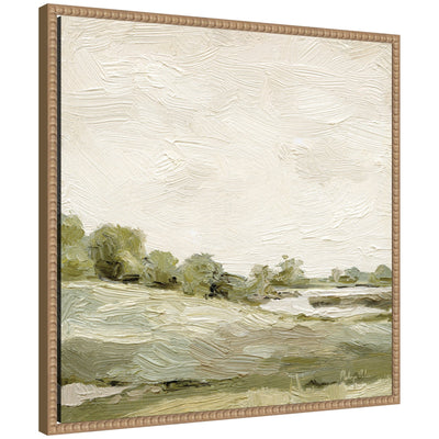 Framed canvas wall art print titled Petit View No 7 by Mackenzie Nelson, featuring soft abstract shapes in muted tones within a beaded Sylvie frame.