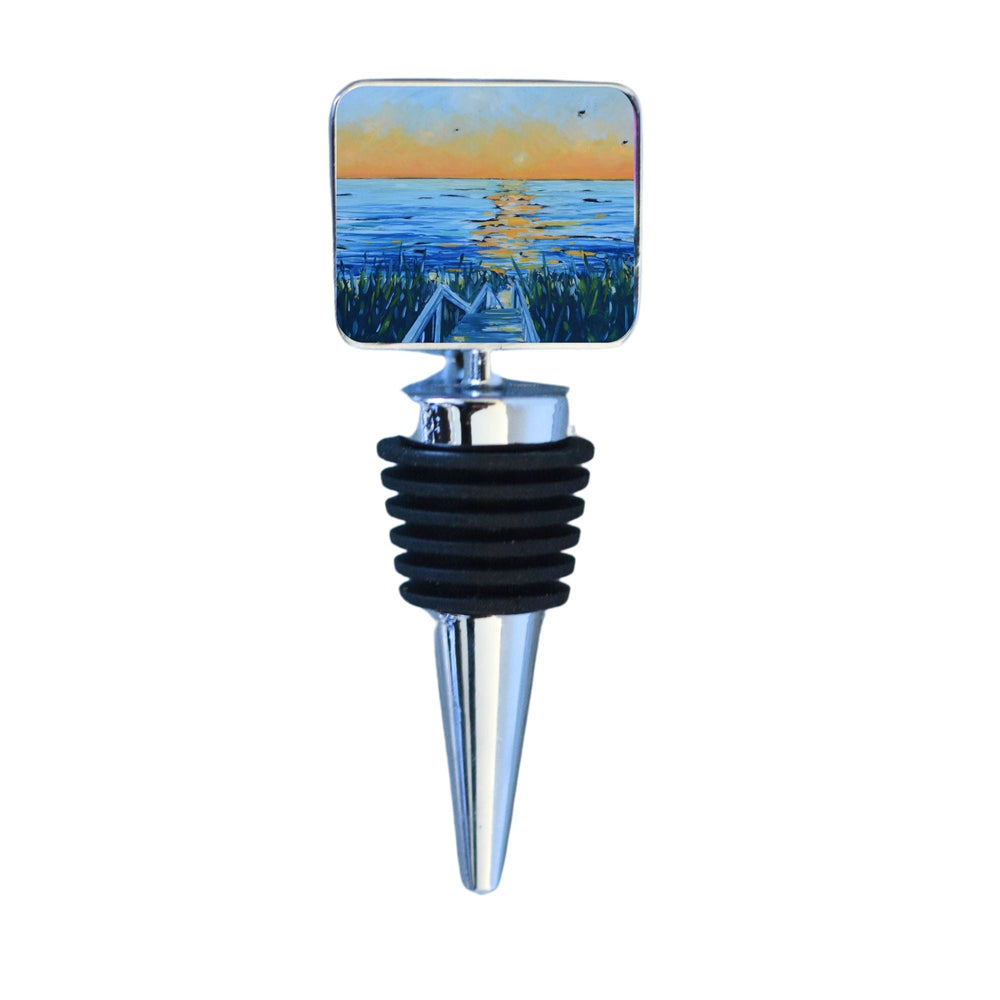 Wine Bottle Stopper with Beach Sunset artwork on a circular zinc-alloy top, zinc-alloy and stainless steel stopper body.
