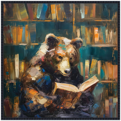 Sylvie Traditional Bear Reading in Library Framed Canvas by The Creative Bunch Studio