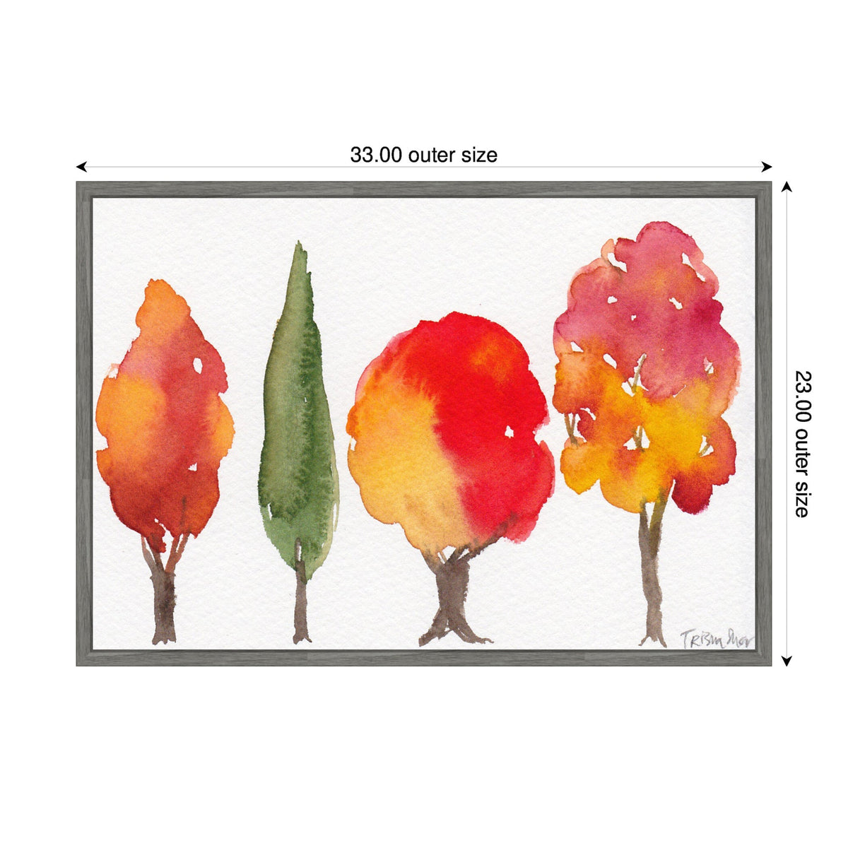 Framed watercolor painting of four fall trees with autumnal foliage in orange, green, red, and yellow hues, arranged evenly on a white background.
