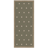 Rectangular green botanical block print rug with evenly spaced small white leaf motifs and a simple double border in a muted brown tone.
