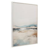 Framed abstract landscape painting with soft beige and blue tones suggesting distant mountains and a reflective water surface under a pale sky.