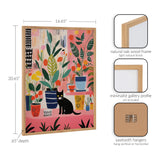 Framed artwork showing a black cat surrounded by colorful potted plants with green leaves and pink background, in a natural oak wood frame with minimalist profile.