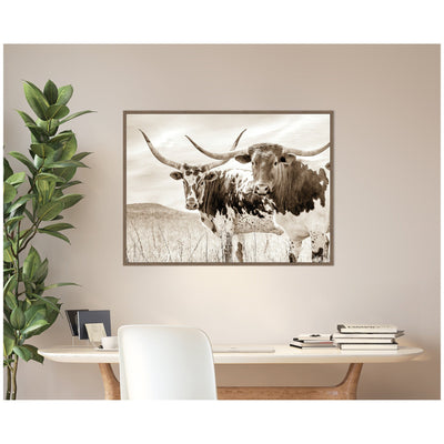 Sepia Texas Longhorn Cattle in Pasture by The Creative Bunch Studio Framed Canvas Wall Art Print
