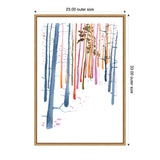 Framed canvas painting depicting a colorful woodland with tall, slender trees in blue, orange, pink, and olive tones against a white background.