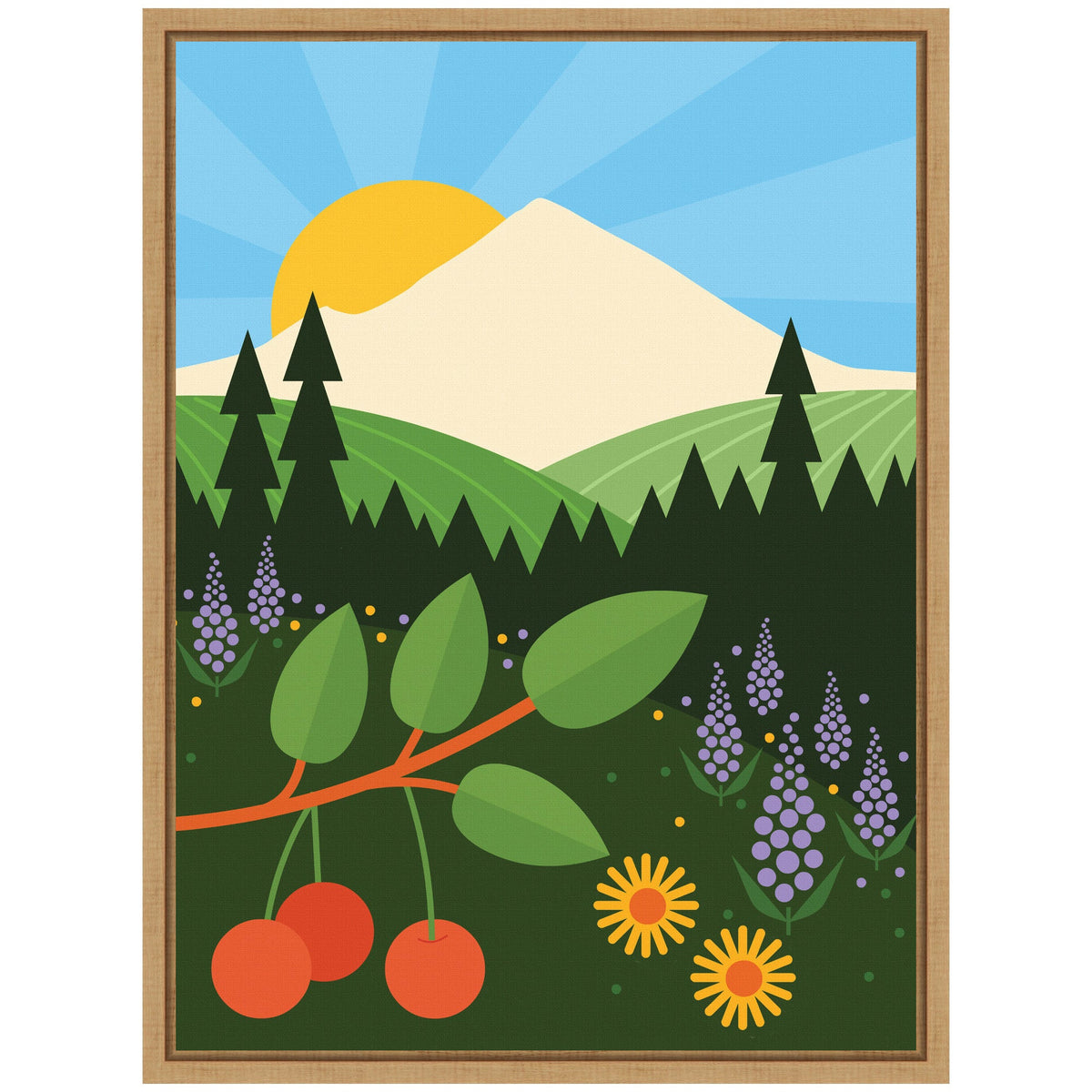 Stylized framed canvas showing a snowy mountain with a yellow sun, green pine forest, red cherries on a branch, and purple and yellow flowers in the foreground.