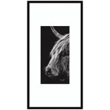 Scottish Highland framed wall art print by Crystal Lynn Collins in a black frame displayed on a wall