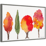 Framed watercolor canvas depicting four fall trees with autumn foliage in soft tones