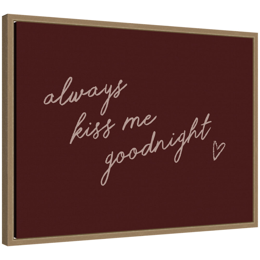 Always Kiss Me Goodnight framed canvas wall art print by Lucky Guava showing a dark gold contemporary frame and intimate design