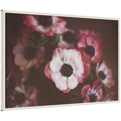 Framed canvas art titled Sylvie Bouquet of Deep Pink Anemones by Kristy Campbell showing vibrant deep pink anemones with white background and vintage beaded frame.