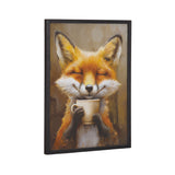 Painting of a smiling fox with closed eyes holding a beige coffee cup, set against a warm, muted brown background, framed in dark wood.