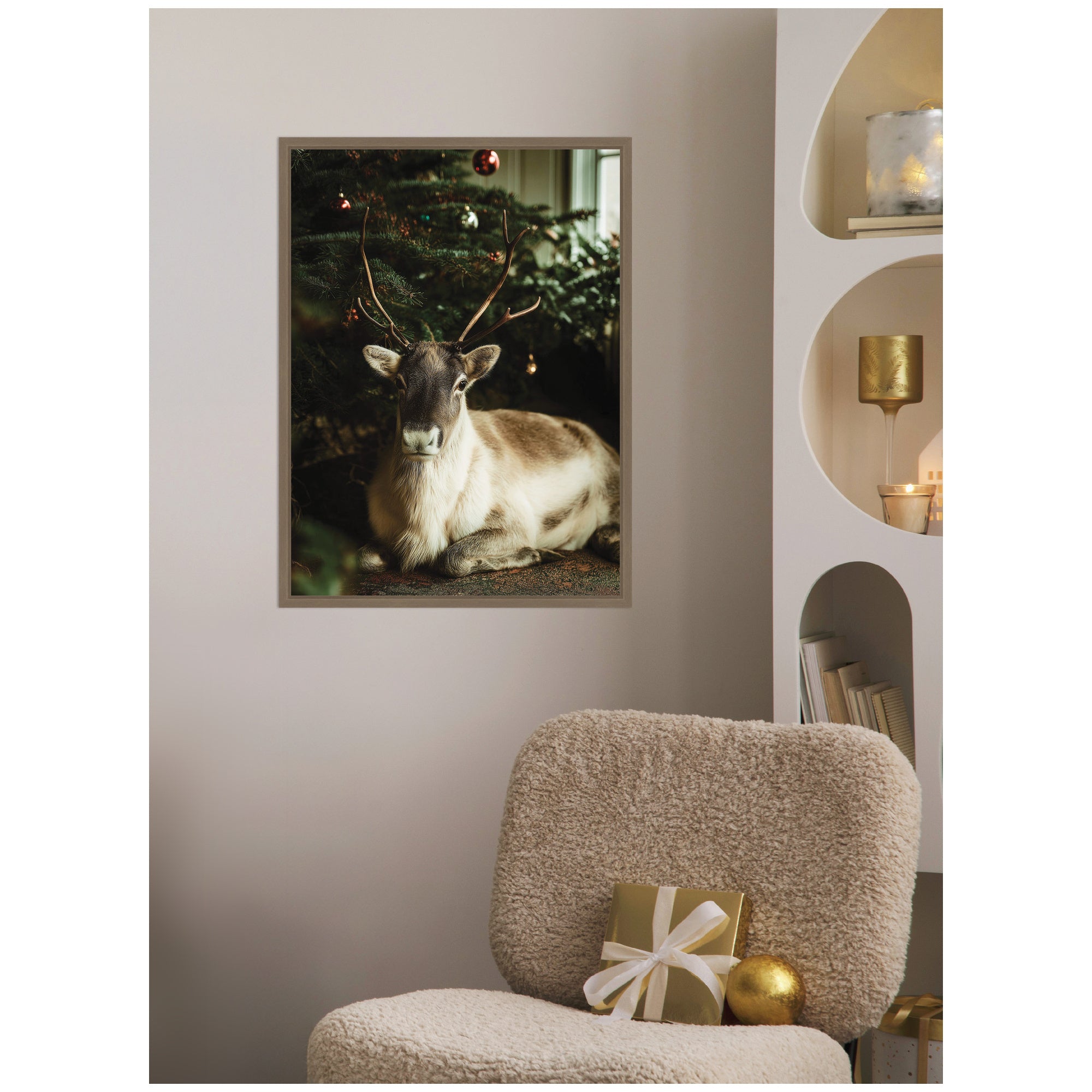 Sylvie Framed Canvas Reindeer Sitting Under a Christmas Tree by Michael Schauer