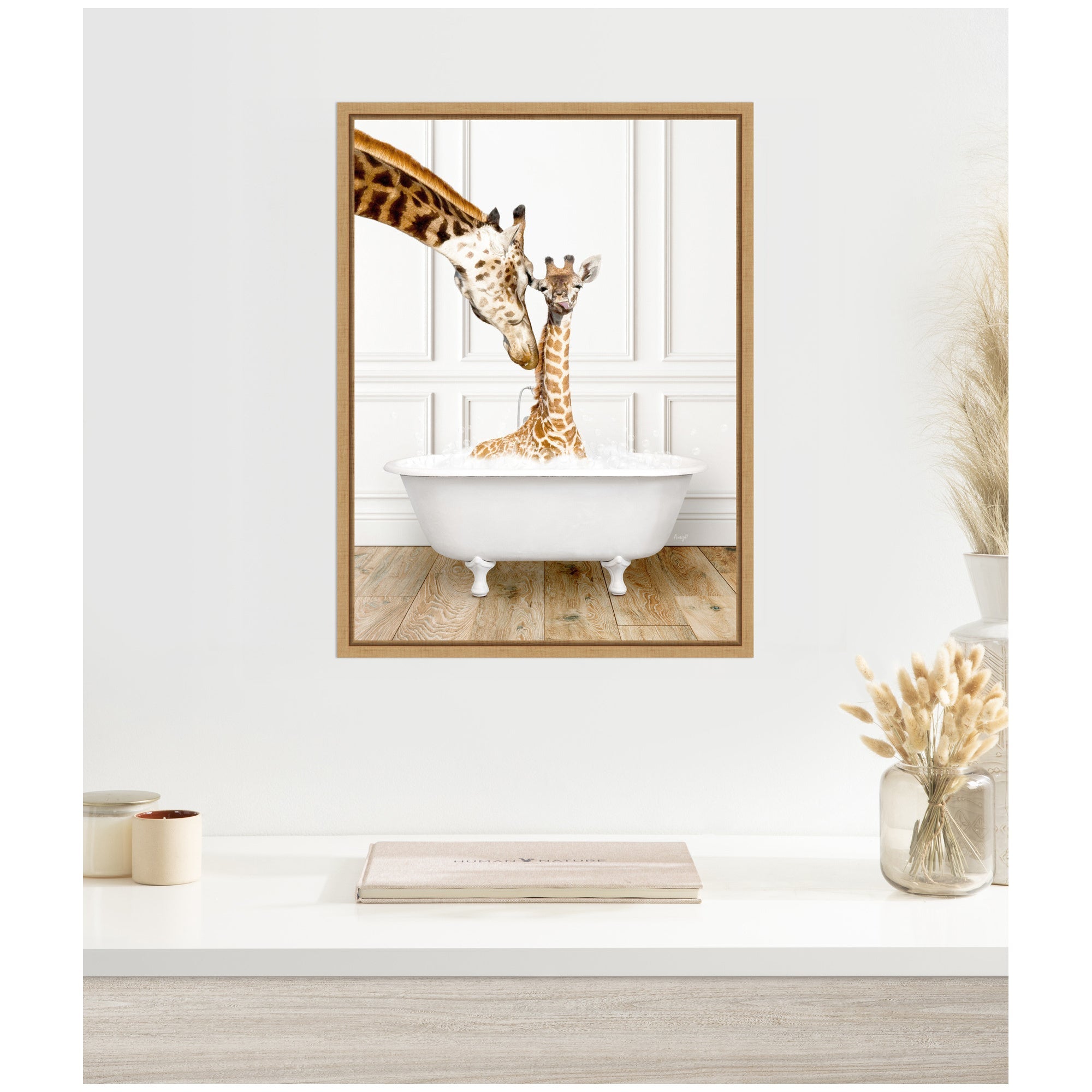 Sylvie Mother and Baby Giraffe in Traditional Vintage Bathtub Framed Canvas by Amy Peterson