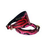 Close-up of a 4-inch wide dog collar and matching leash in vibrant fuchsia, light pink, red, and black snake skin pattern with gold-tone hardware.