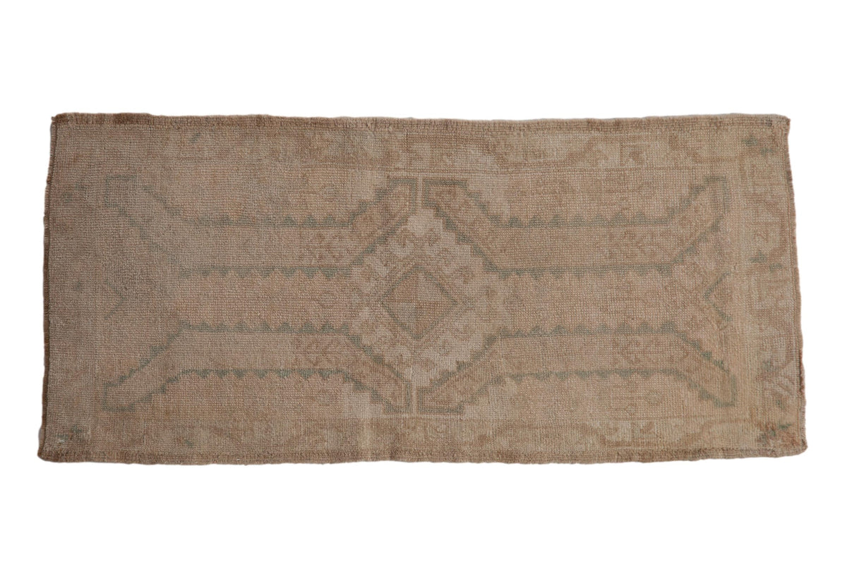 1.5x3.5 Vintage Distressed Oushak Rug Mat Runner with serrated leaves and blossom border in antique ivory and green tones