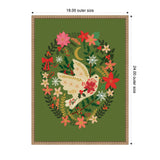 Framed canvas with a white dove surrounded by red, pink, and cream flowers, green leaves, and white snowflakes on an olive green background.