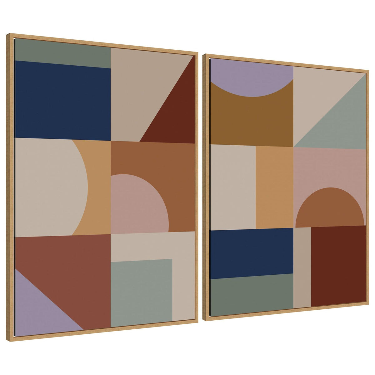 Two framed canvas prints featuring modern geometric patterns with rectangles, squares, and semi-circles in earthy tones and muted blues and purples.