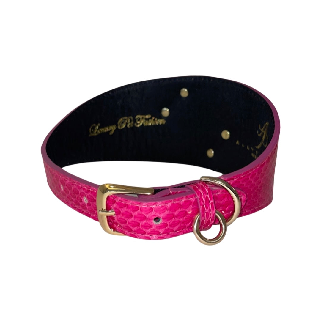 Wide fuchsia pink snake-patterned collar with gold buckle and D-ring, featuring a black interior lining and three small gold rivets.