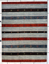 Hand-knotted Indo-Gabbeh wool and bamboo rug with horizontal stripes and vibrant motifs in reds, blues, and blacks