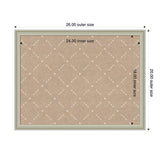 Rectangular beige pinboard with a beige lattice pattern of dashed diagonal lines and small solid squares, framed by a light-colored border with outer size 26x20 inches and inner size 24x18 inches.