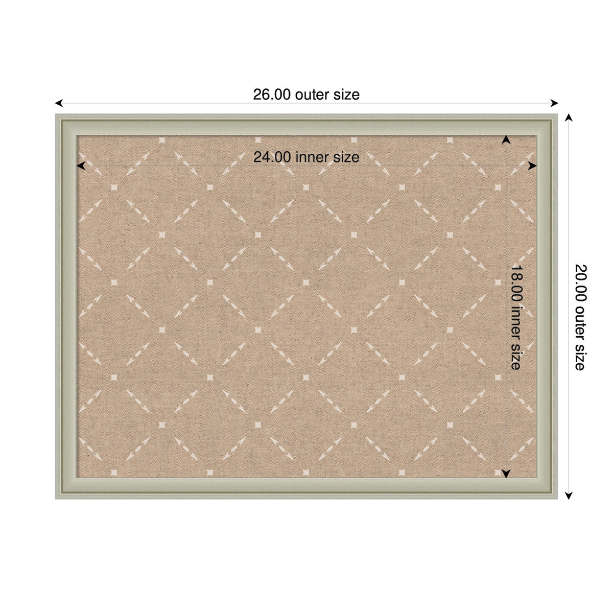 Rectangular beige pinboard with a beige lattice pattern of dashed diagonal lines and small solid squares, framed by a light-colored border with outer size 26x20 inches and inner size 24x18 inches.