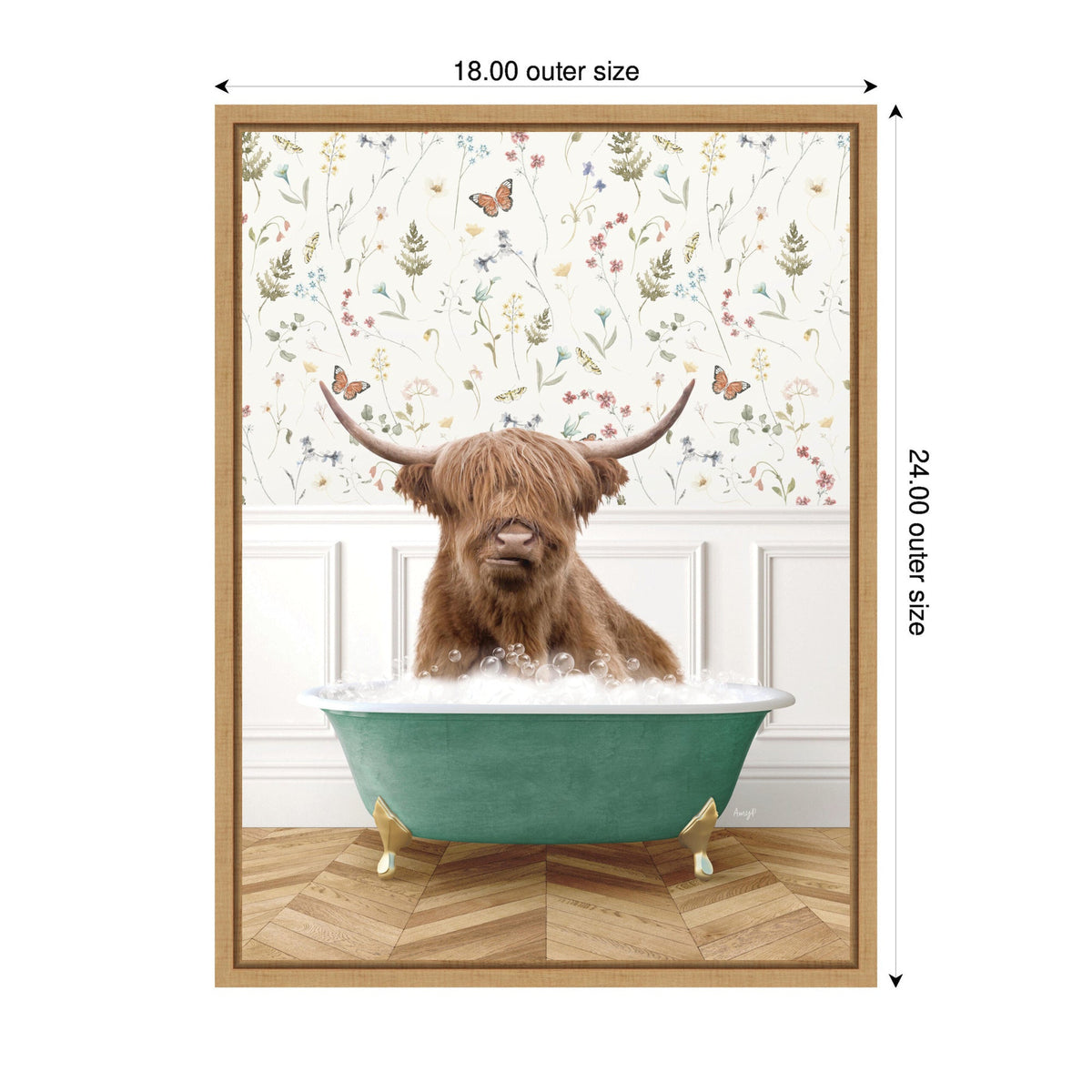 Brown Highland cow with shaggy hair and curved horns sitting in a teal clawfoot bathtub filled with bubbles against floral wallpaper and wood parquet floor.