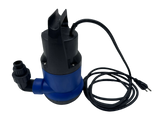 Black and blue submersible drain pump with an attached power cord ending in a two-prong plug, shown on a white background.