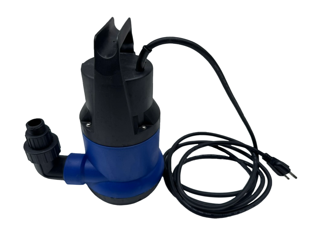 Black and blue submersible drain pump with an attached power cord ending in a two-prong plug, shown on a white background.