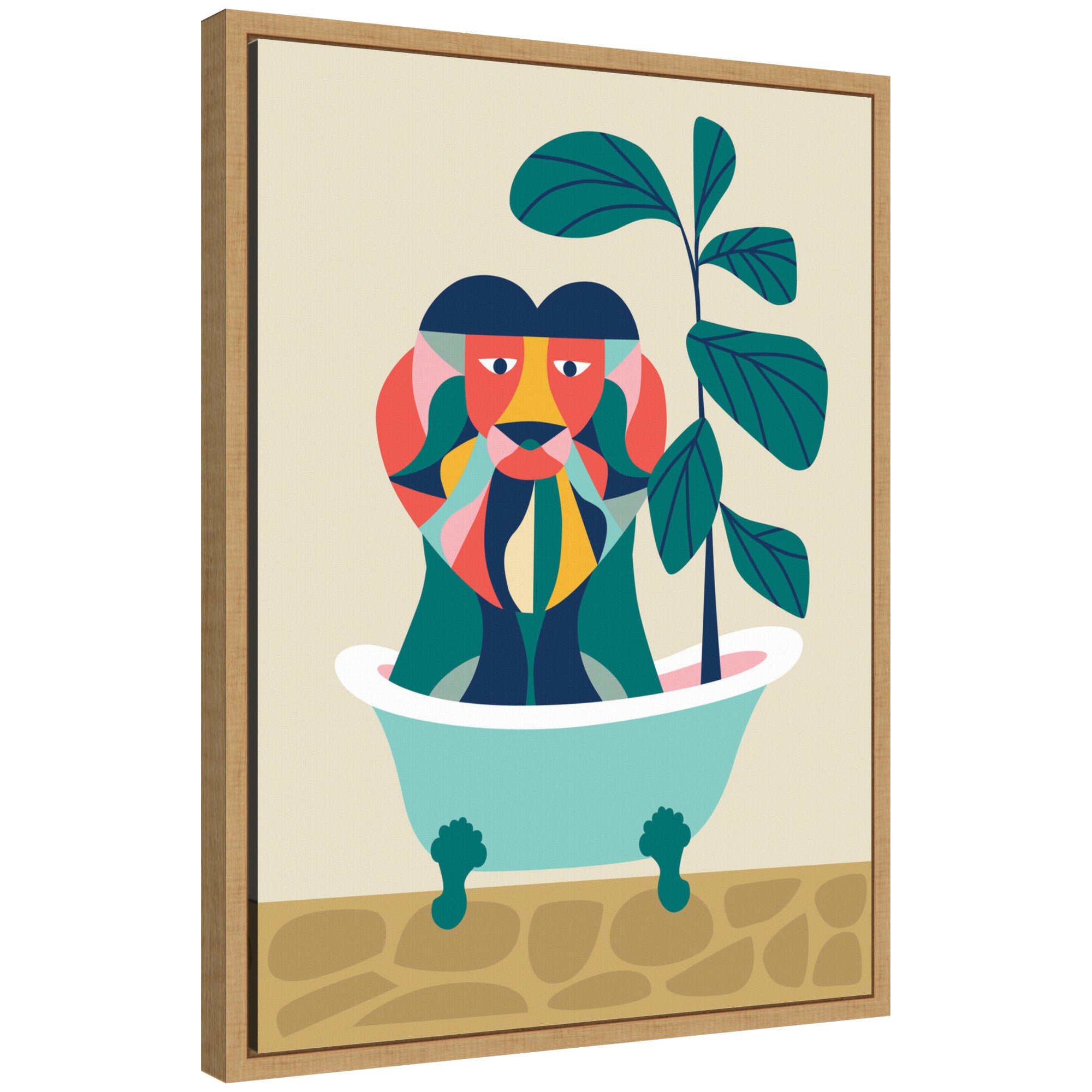 Sylvie MCM Lion in Bathtub framed canvas art with a modern polystyrene frame