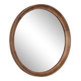 Round wall mirror with a segmented wood frame in warm brown tones, featuring smooth curved edges and a reflective glass center.