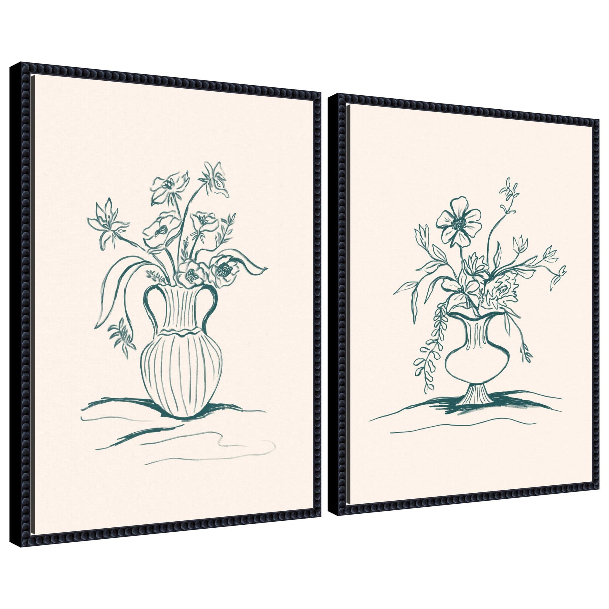 Sylvie Beaded Garden Floral and Summer Stems framed canvas art set showing botanical prints with vintage beaded frames.