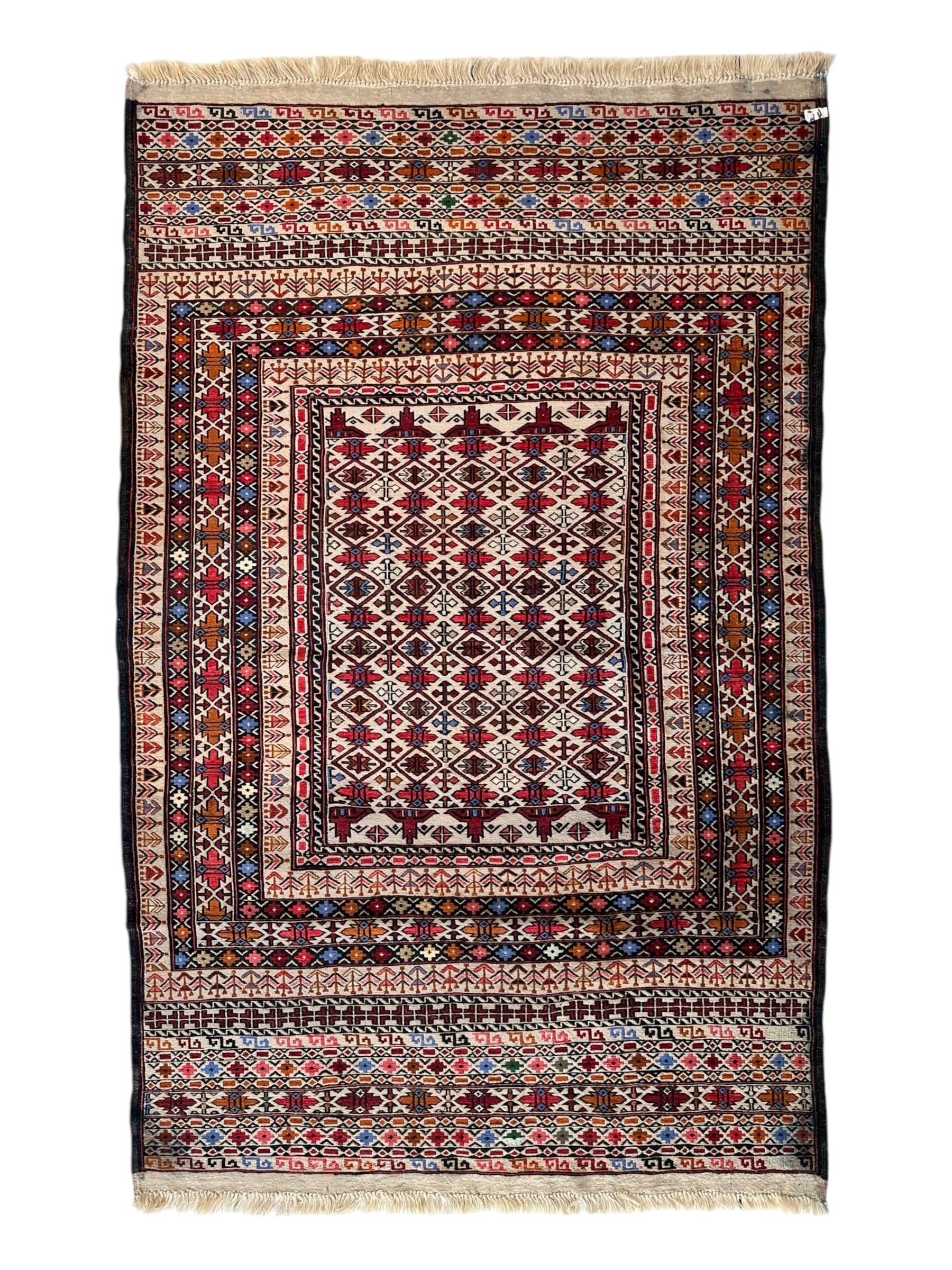 Hand-Woven Afghani Maliki Soumak Wool Kilim Rug with geometric patterns in earthy tones