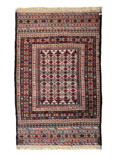 Hand-Woven Afghani Maliki Soumak Wool Kilim Rug with geometric patterns in earthy tones
