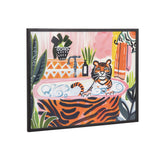 Illustration of a tiger relaxing in a striped tiger-themed bathtub filled with bubbles, surrounded by green plants, orange towel, and pink wall tiles.