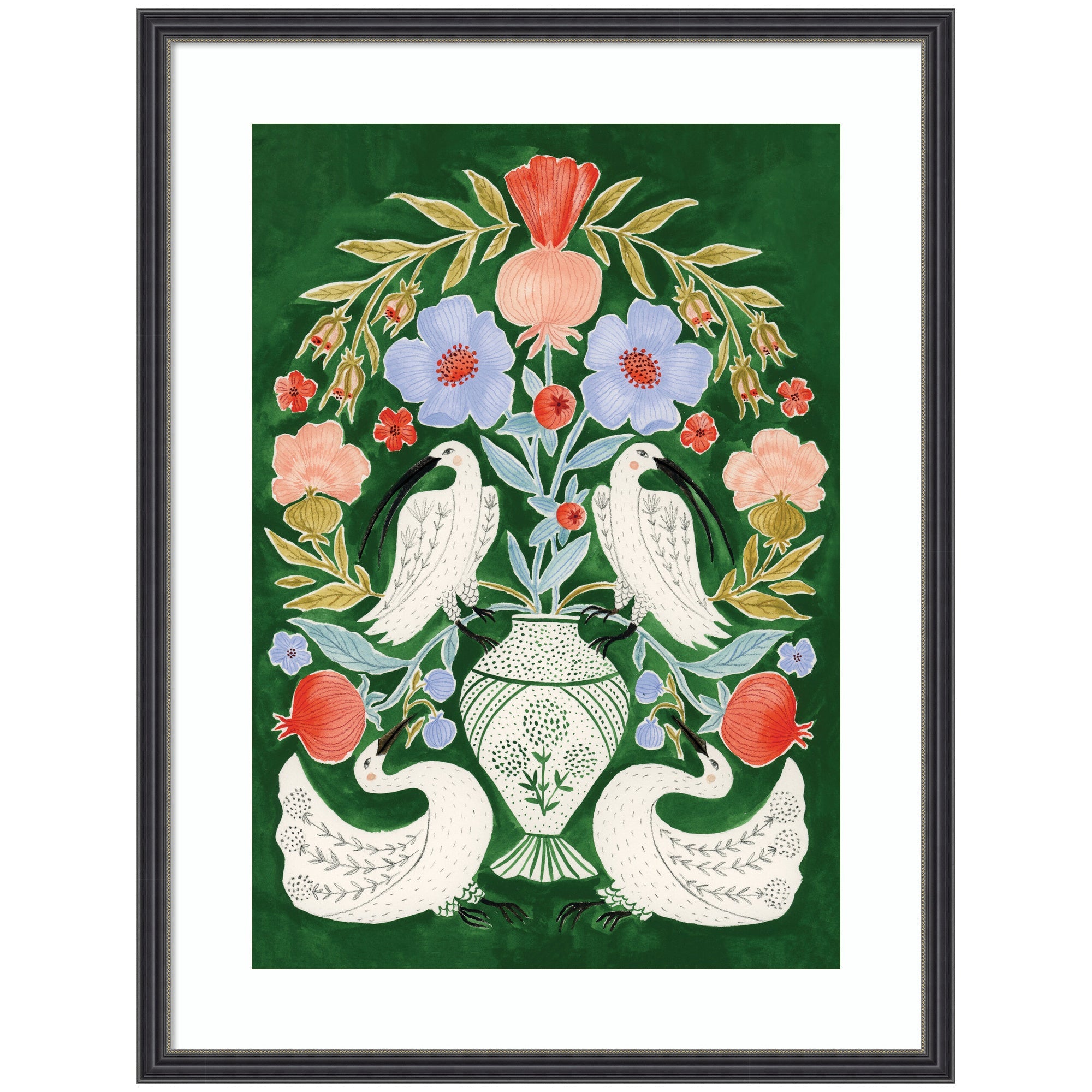 Framed wall art print titled Floral Folklore Ibises and Swan showing birds and floral details.