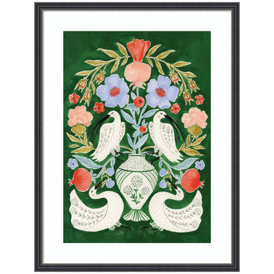 Framed wall art print titled Floral Folklore Ibises and Swan showing birds and floral details.