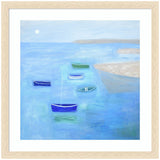 Painting of a calm blue sea with five small boats in shades of blue, green, and white near sandy shorelines under a pale sky with a faint sun.