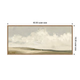 Framed canvas print depicting a minimalist landscape with beige and muted green hills under a cloudy, soft white and gray sky, sized 40 by 18 inches