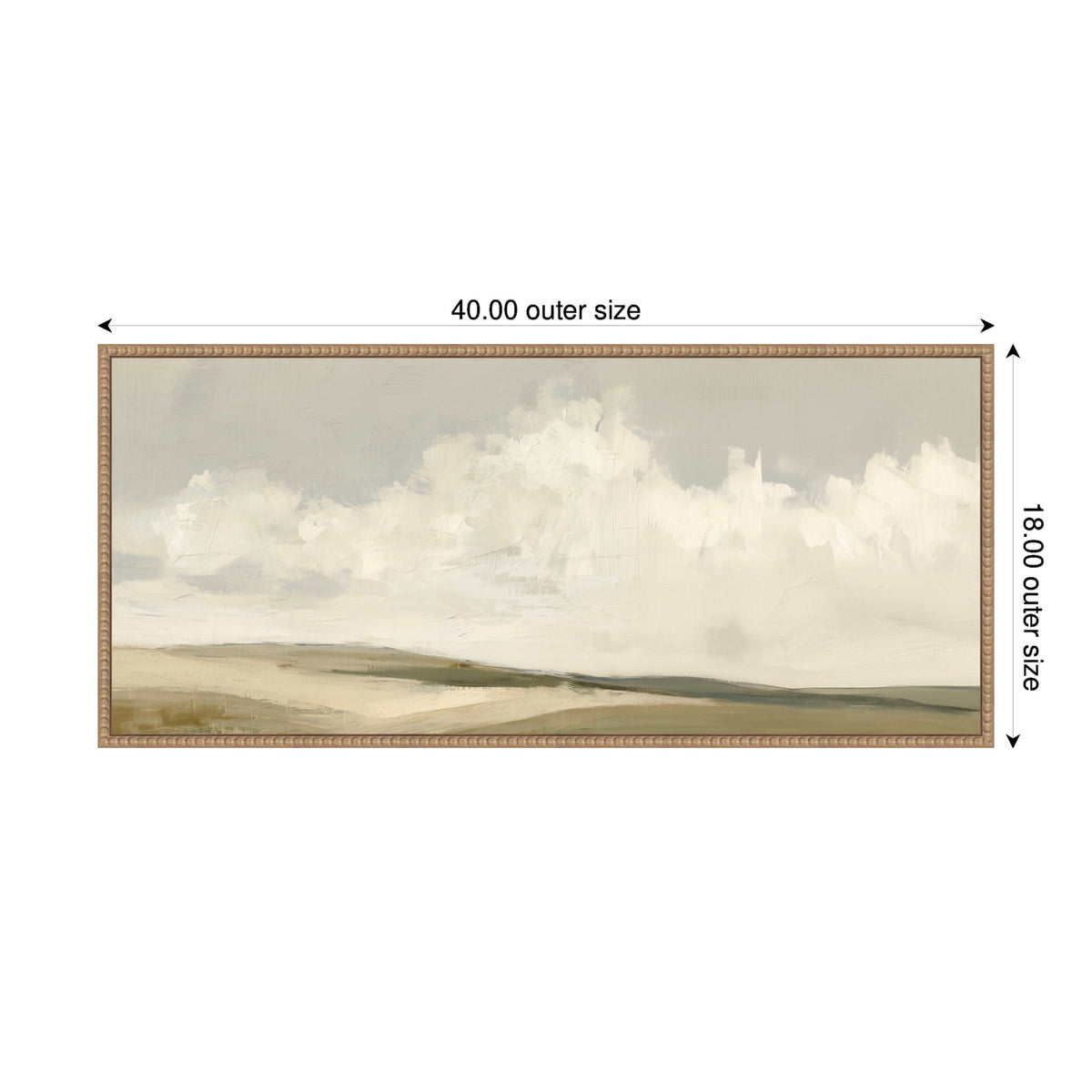 Framed canvas print depicting a minimalist landscape with beige and muted green hills under a cloudy, soft white and gray sky, sized 40 by 18 inches