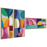 Abstract Panels 3 Piece Framed Canvas Wall Art Set showing three vertically oriented panels with abstract geometric shapes in a muted color palette, each framed in Sylvie designer moulding.