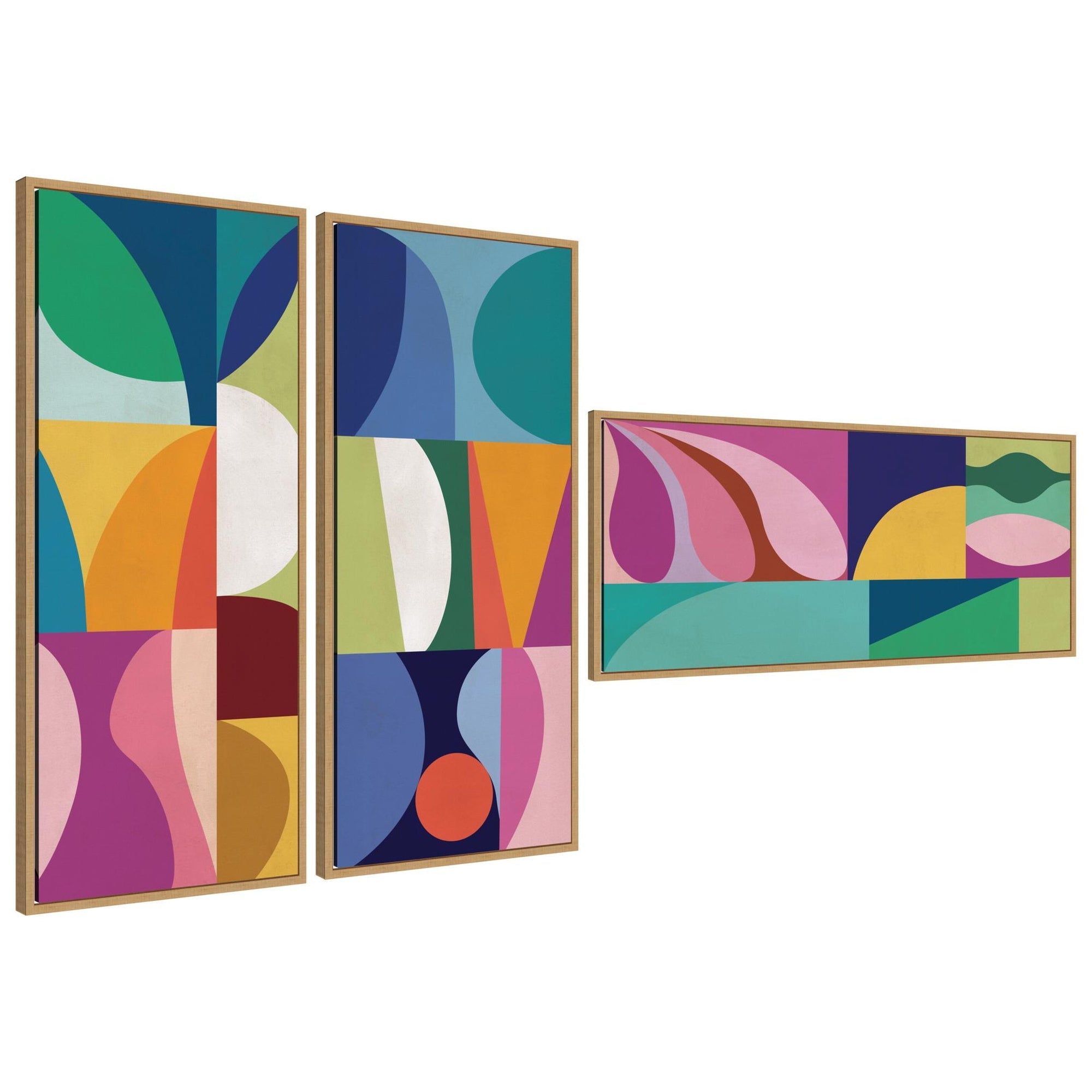 Abstract Panels 3 Piece Framed Canvas Wall Art Set showing three vertically oriented panels with abstract geometric shapes in a muted color palette, each framed in Sylvie designer moulding.