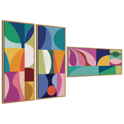 Abstract Panels 3 Piece Framed Canvas Wall Art Set showing three vertically oriented panels with abstract geometric shapes in a muted color palette, each framed in Sylvie designer moulding.