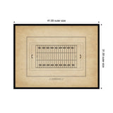 Framed vintage-style diagram of a football field with yard lines and end zones on aged parchment background, black frame with outer size dimensions 41 by 31 inches.