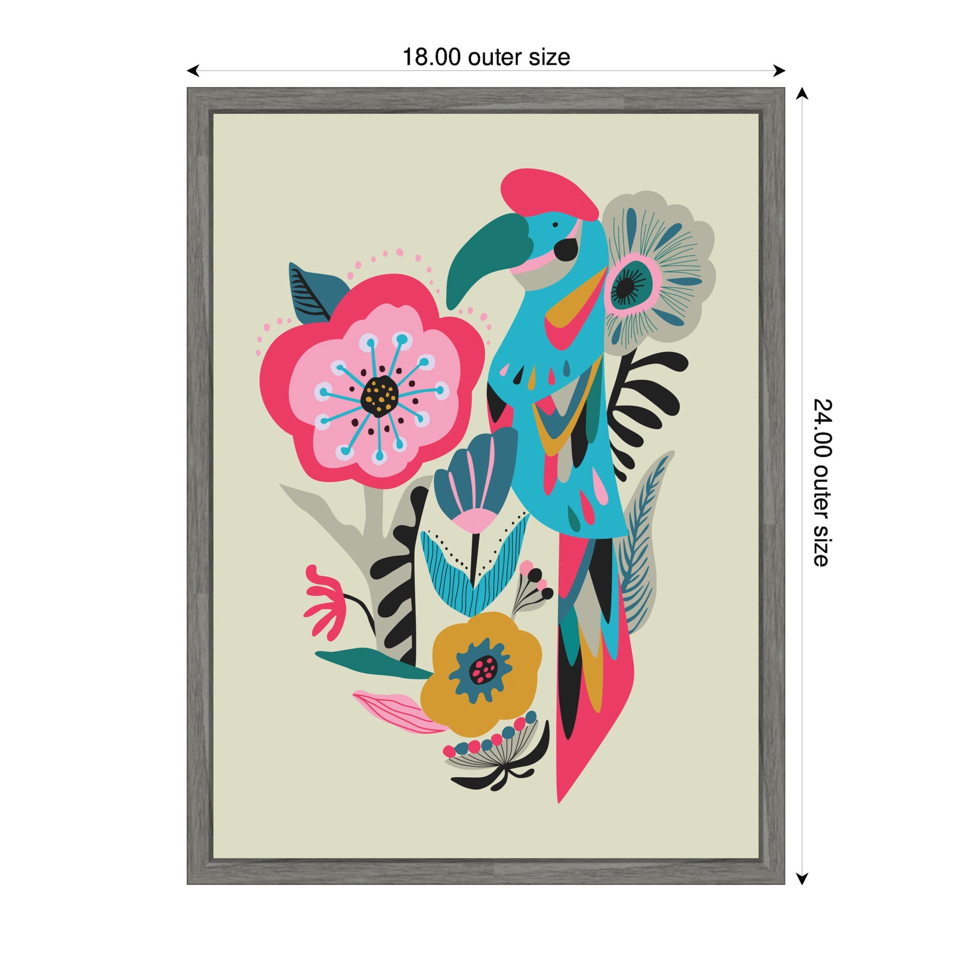 Sylvie Bright Teal and Pink Floral and Parrot Framed Canvas by Rachel Lee